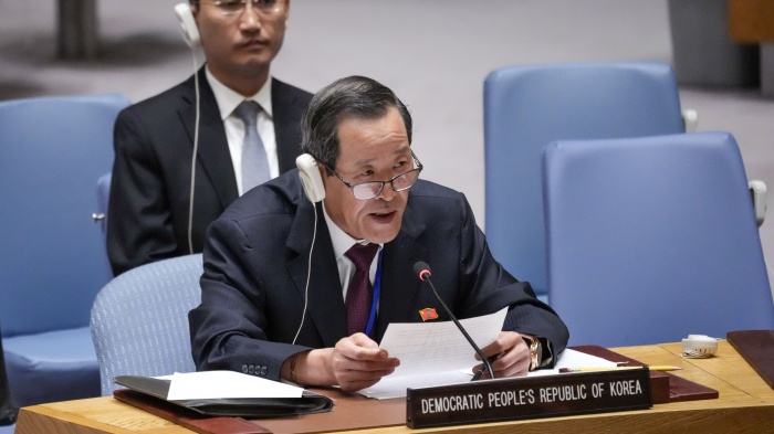 North Korean Ambassador to the United Nations Kim Song addresses a Security Council meeting on North Korea at the United Nations headquarters, July 13, 2023.